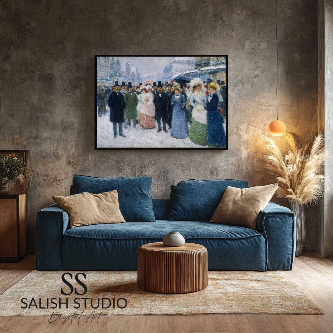Winter Promenade Elegant Crowd Snowy Street Vintage Impressionist Poster