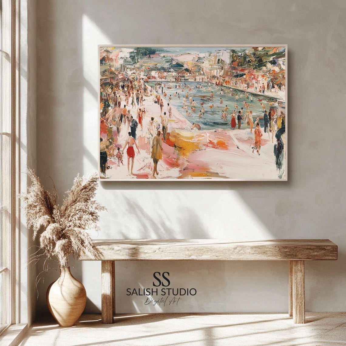 Crowded Waterfront Beach Scene Art Poster Impressionist Summer