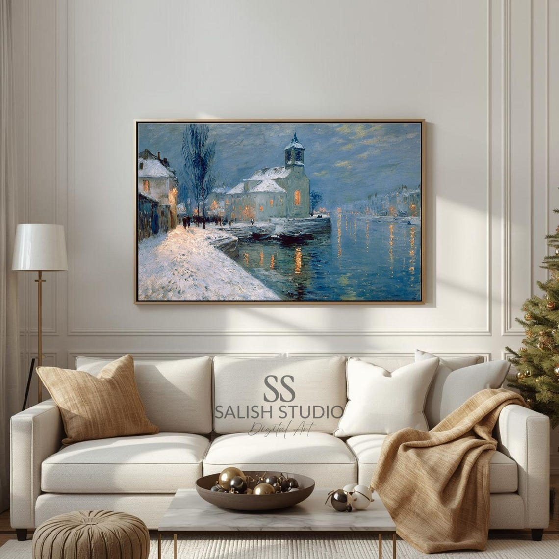 Winter Riverside Landscape Vintage Snowy Harbor Night Art Poster