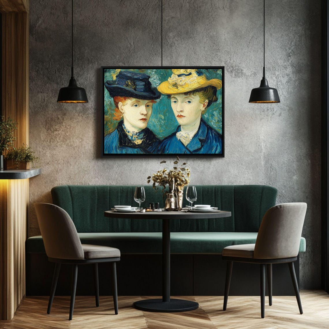 Two Women Portrait Van Gogh Style Vintage Elegant Hat Art Poster