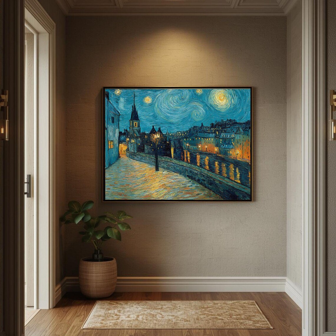 Starry Night Canal Town Bridge Reflections Van Gogh Style Art Poster