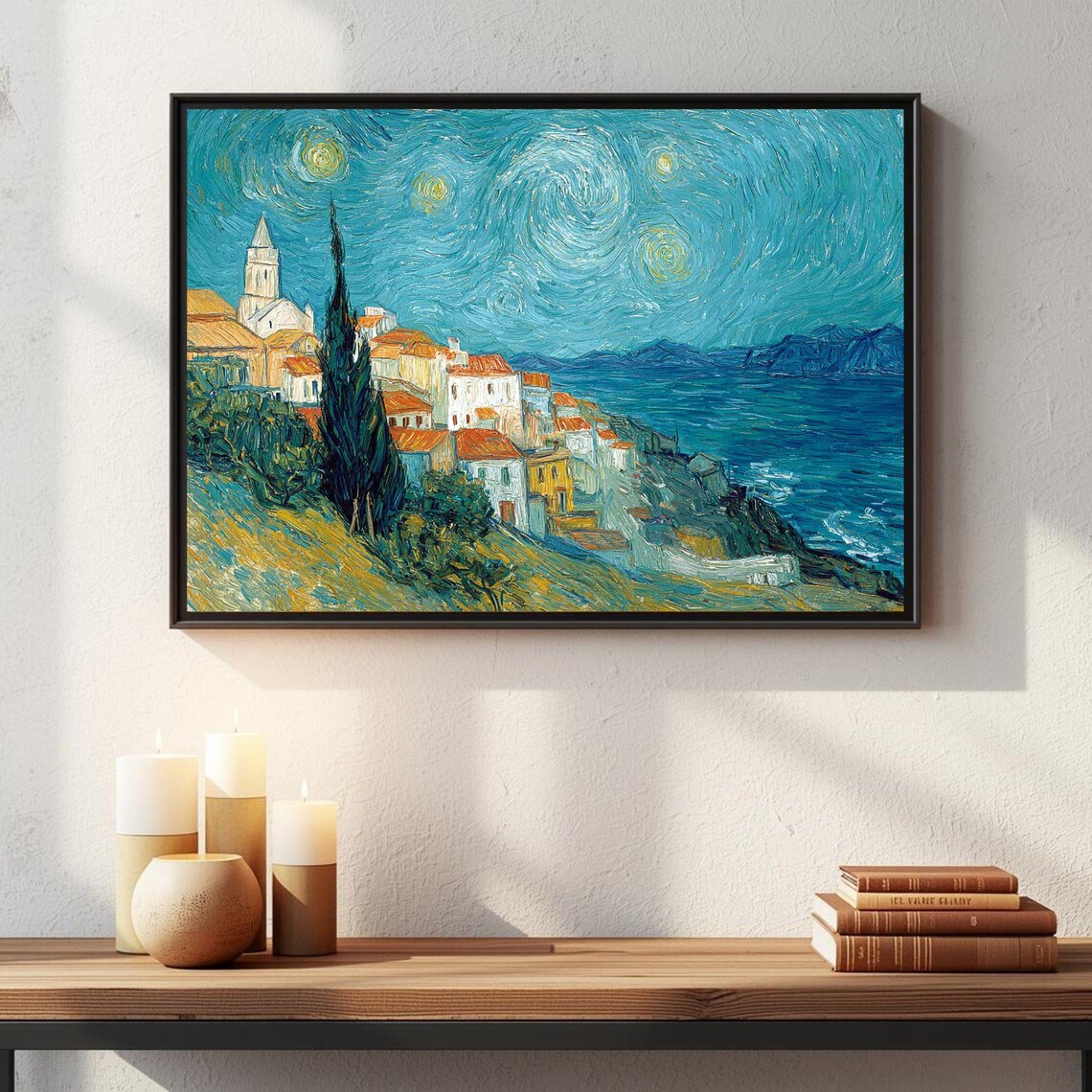Van Gogh Style Santorini Greek Island Coastal Village Starry Night Poster