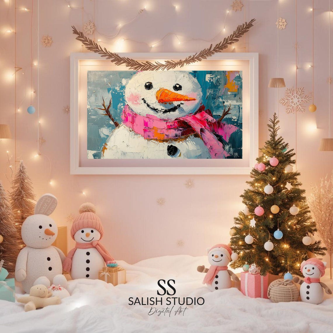 Cute Bright Smiling Snowman Pink Scarf Christmas Painting Poster
