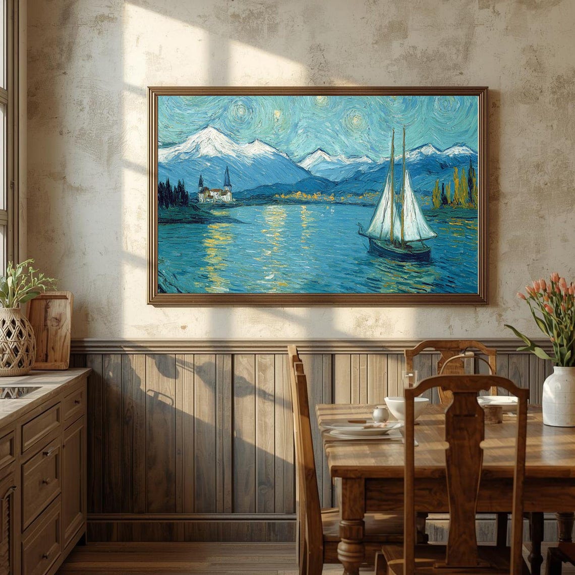 Van Gogh Style Starry Night Mountain Lake Sailboat Church Scene Poster