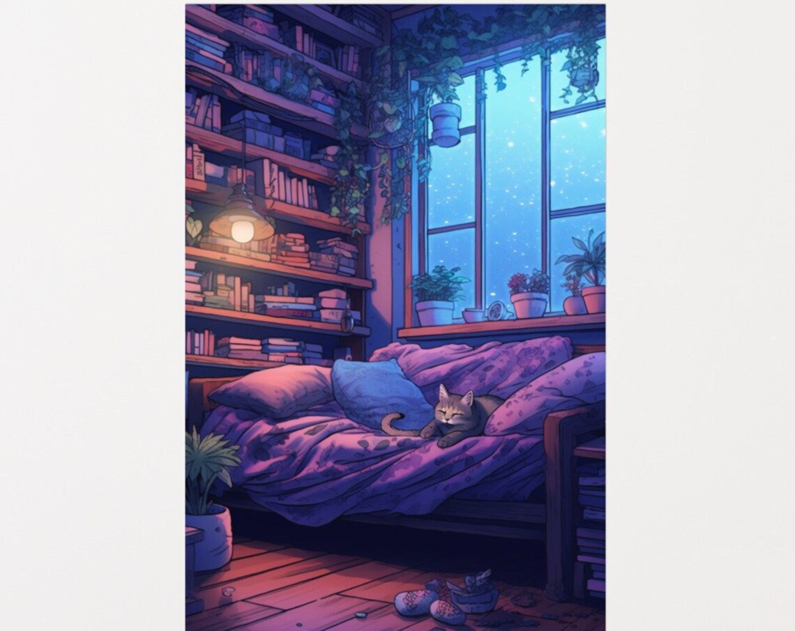 Lofi Cat Cozy Room Vibe Art Print, Bedroom Decor - Image 3