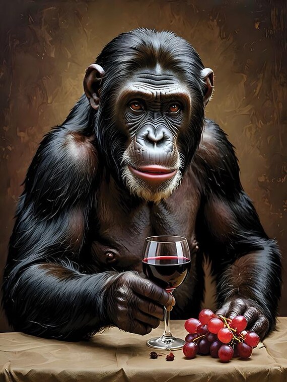 Ape With Red Wine Art Print Funny Animal Bar Decor
