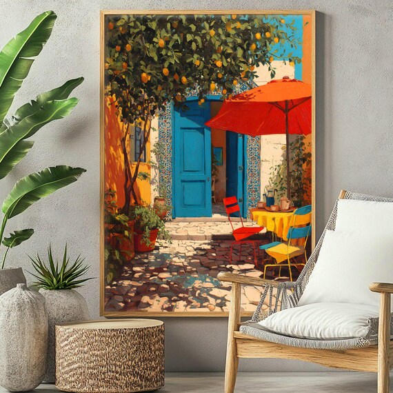 Greek Island Courtyard Cafe Blue Doors Orange Trees Coastal Poster
