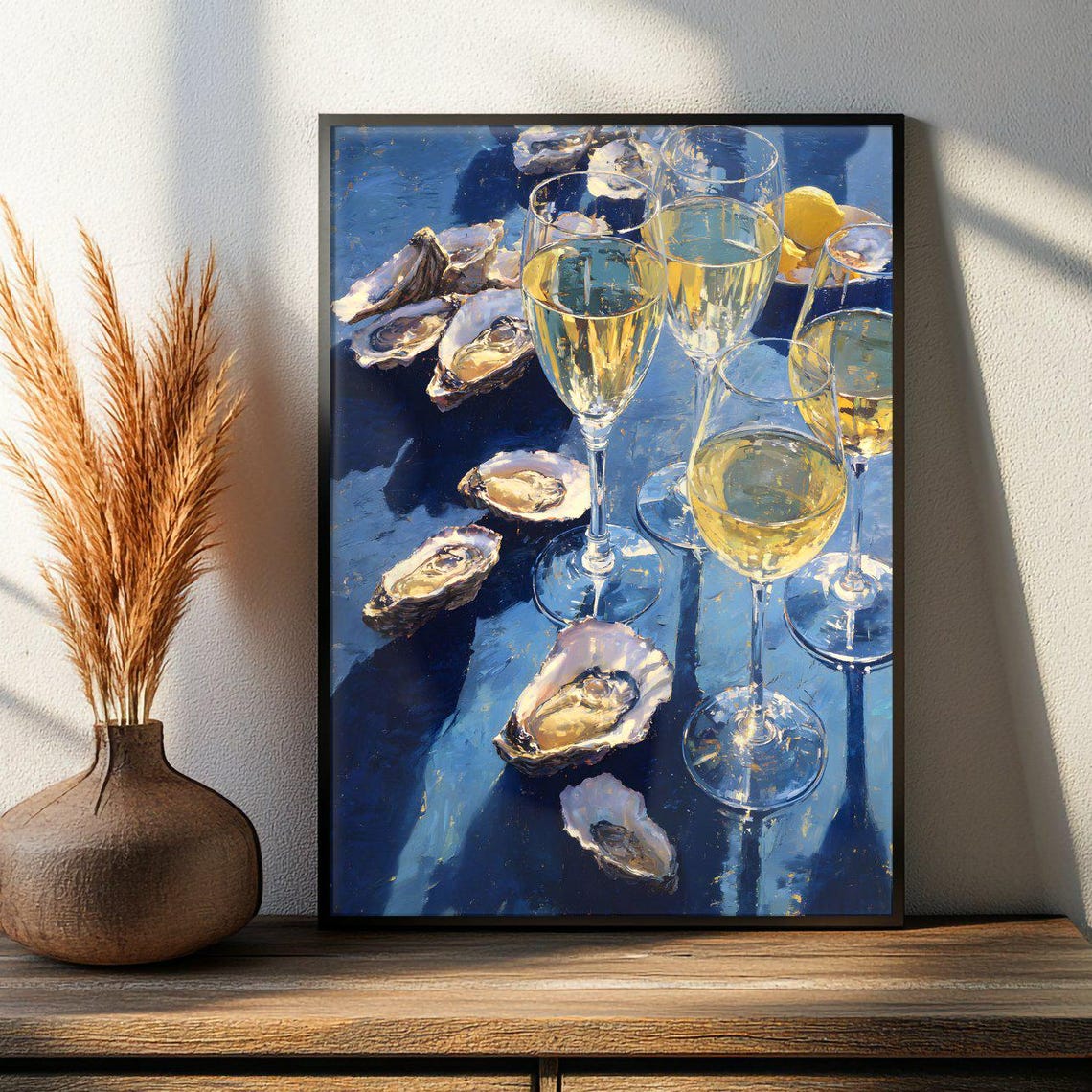 Oyster And Wine Poster Vintage Style Food Illustration Coastal Bistro Mood Wall Art