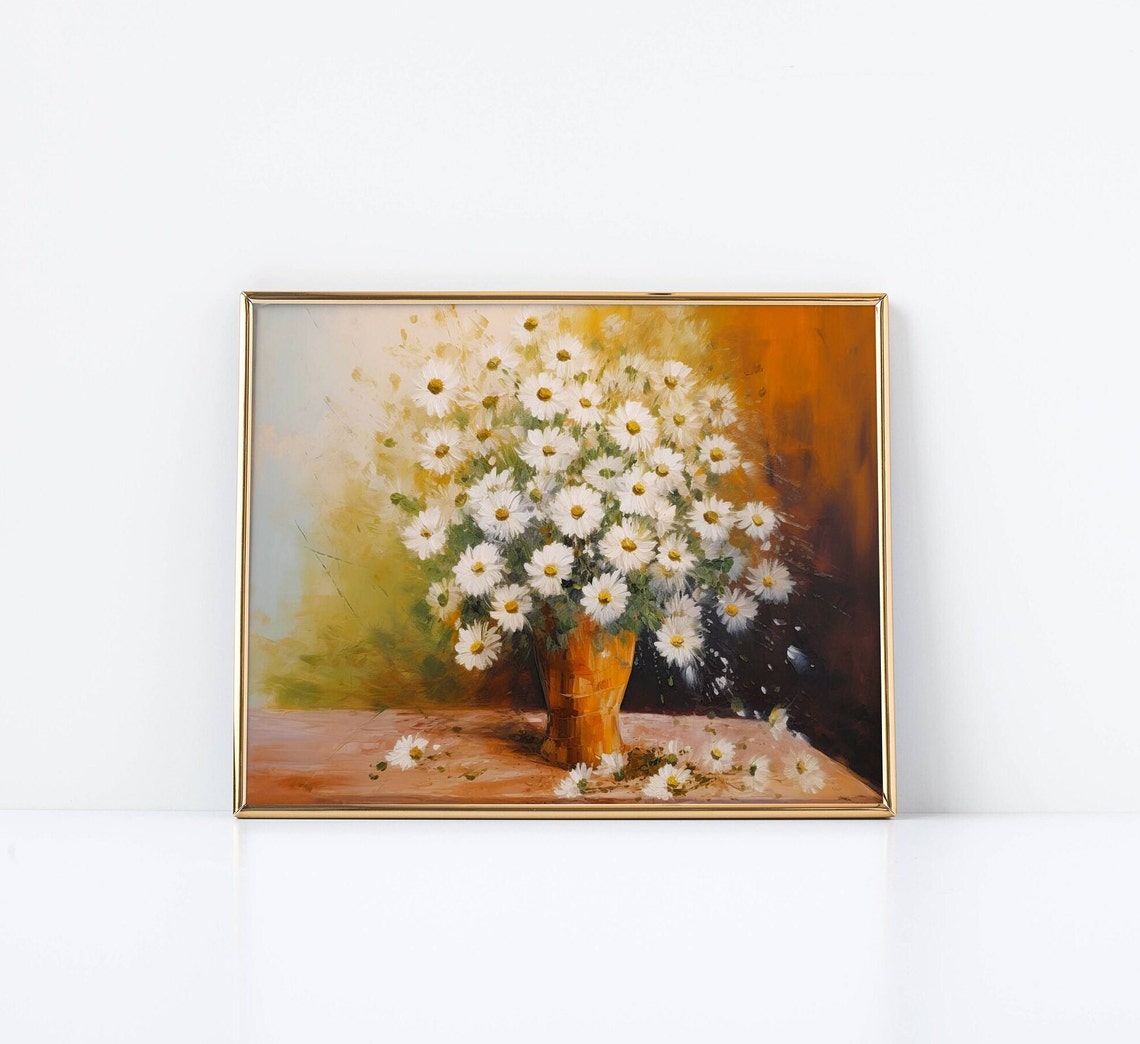 White Daisies Terracotta Vase Warm Rustic Floral Painting Poster - Image 2