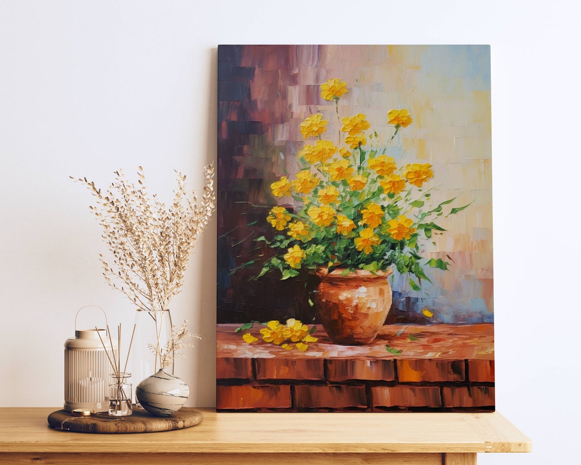 Yellow Flowers Clay Pot Brick Ledge Sunny Impressionist Poster