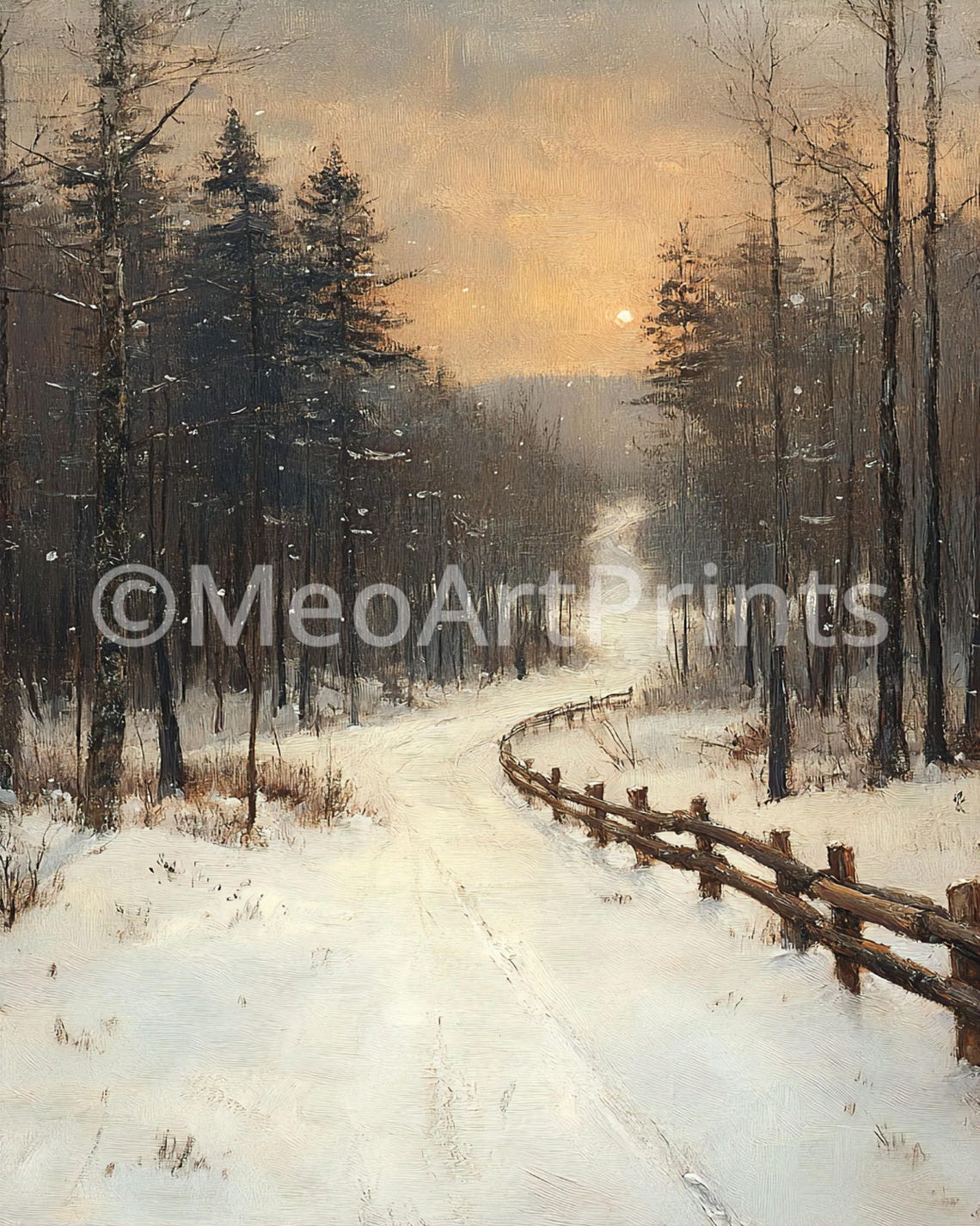 Winter Sunset Forest Trail Snow Path Fence Golden Light Poster - Image 2