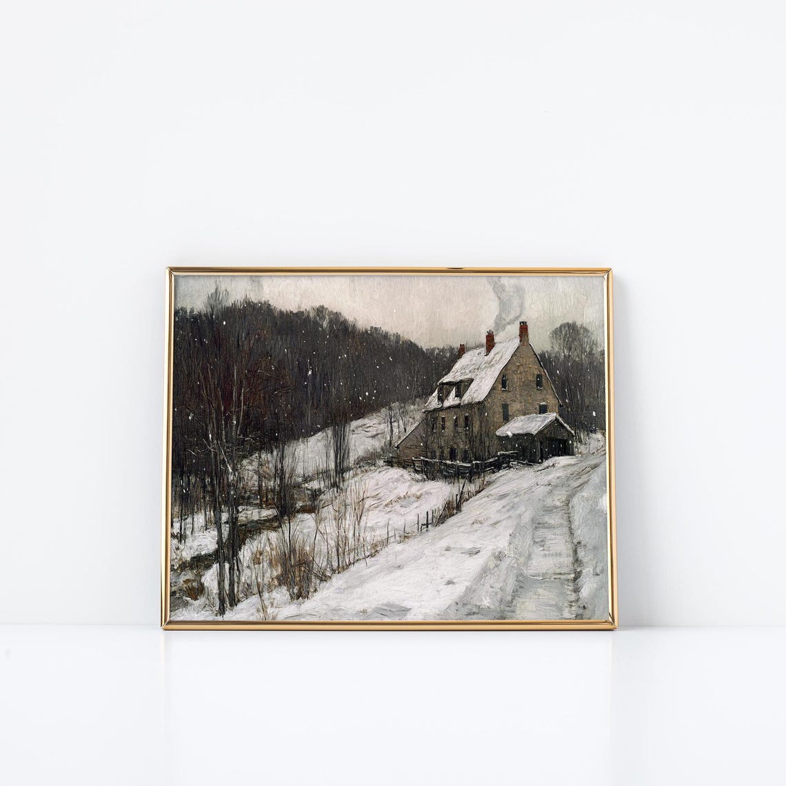 Oil Painting Of Winter Farmhouse Rustic Snow Scene Rural Countryside Vintage Homestead Art Wall Art