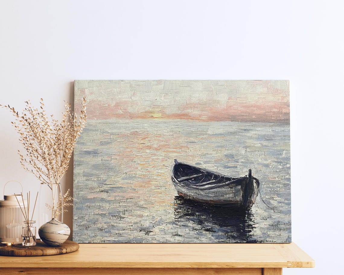 Lone Boat Calm Sea Pastel Dawn Impressionist Seascape Poster