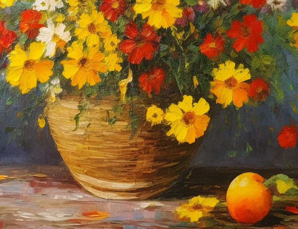 Red Yellow Cosmos Basket Bouquet Rustic Table Floral Art Poster - Image 3