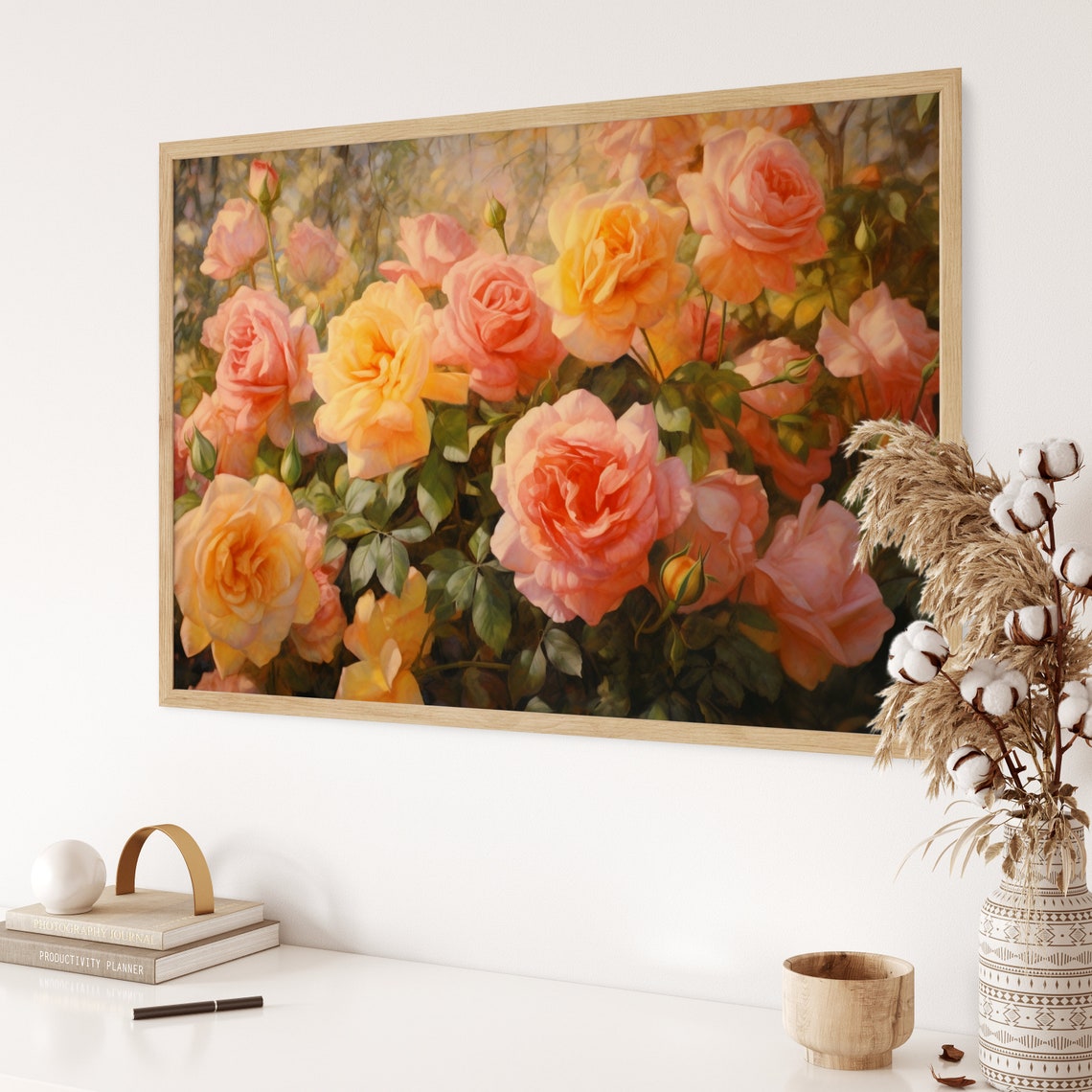 Oil Painting Of Roses In Different Shades Of Pink And Yellow Realistic Landscape Painting Outdoor Art Large Painting - Image 3