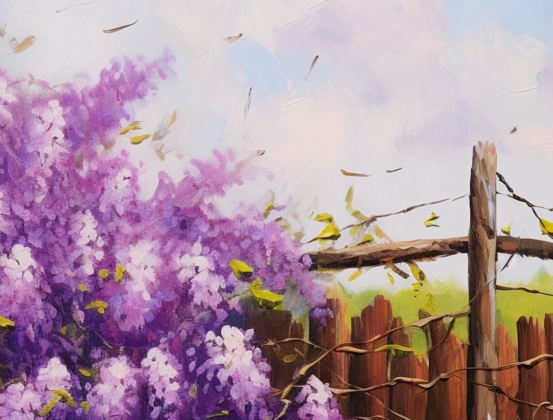 Purple Lilac Bushes Painting Wooden Fence Garden Bloom Poster - Image 3