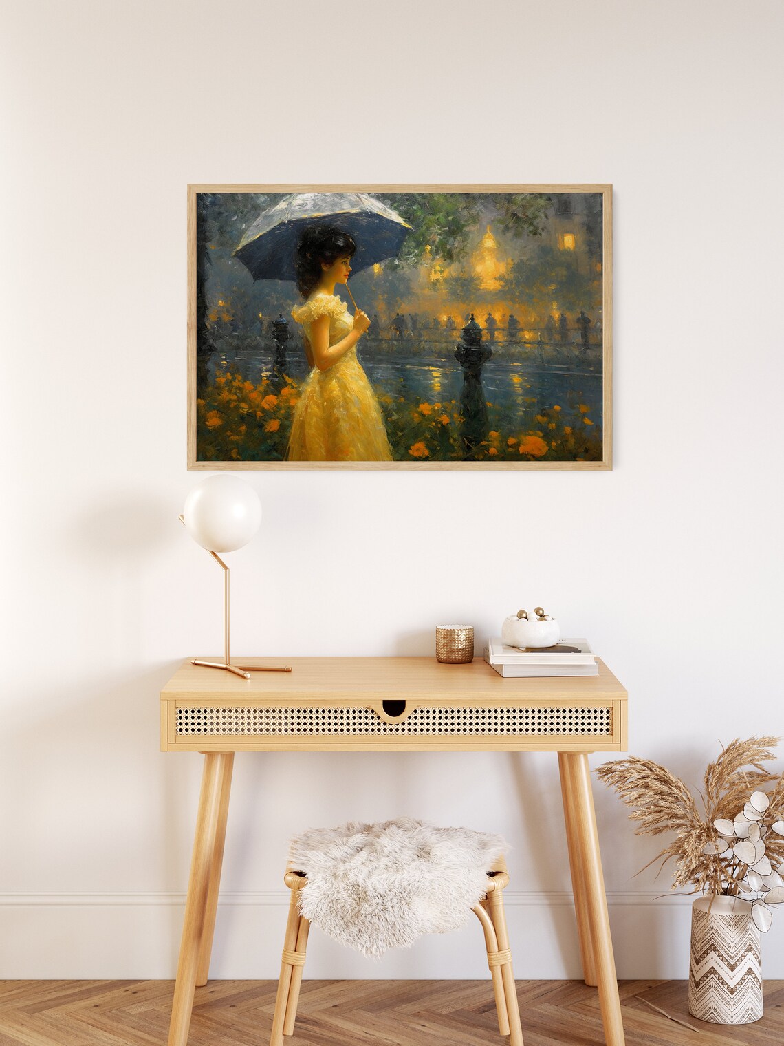 Rainy Evening Canal Painting Woman in Yellow Dress Umbrella Poster - Image 2
