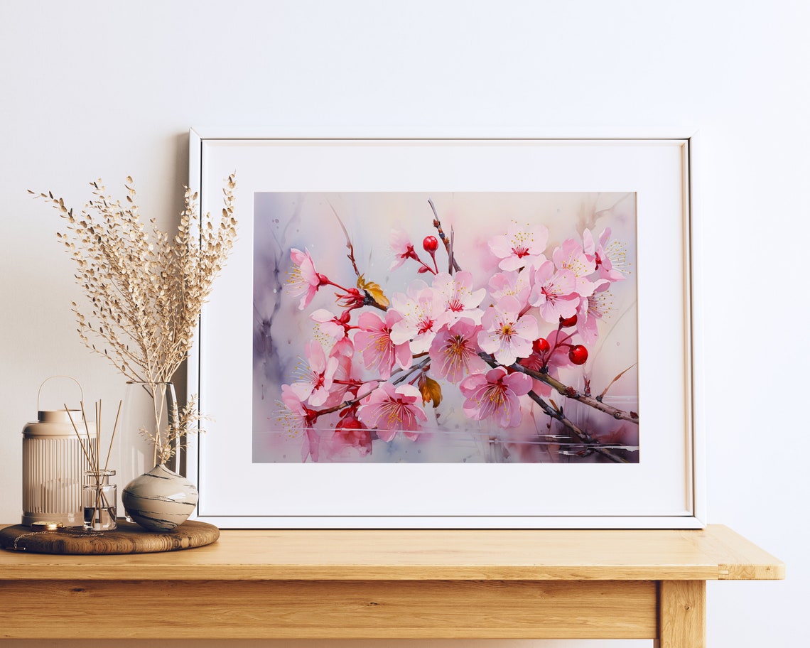 Pink Cherry Blossom Branch Realistic Watercolor Spring Floral Poster