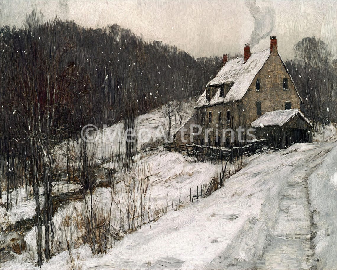 Oil Painting Of Winter Farmhouse Rustic Snow Scene Rural Countryside Vintage Homestead Art Wall Art - Image 2