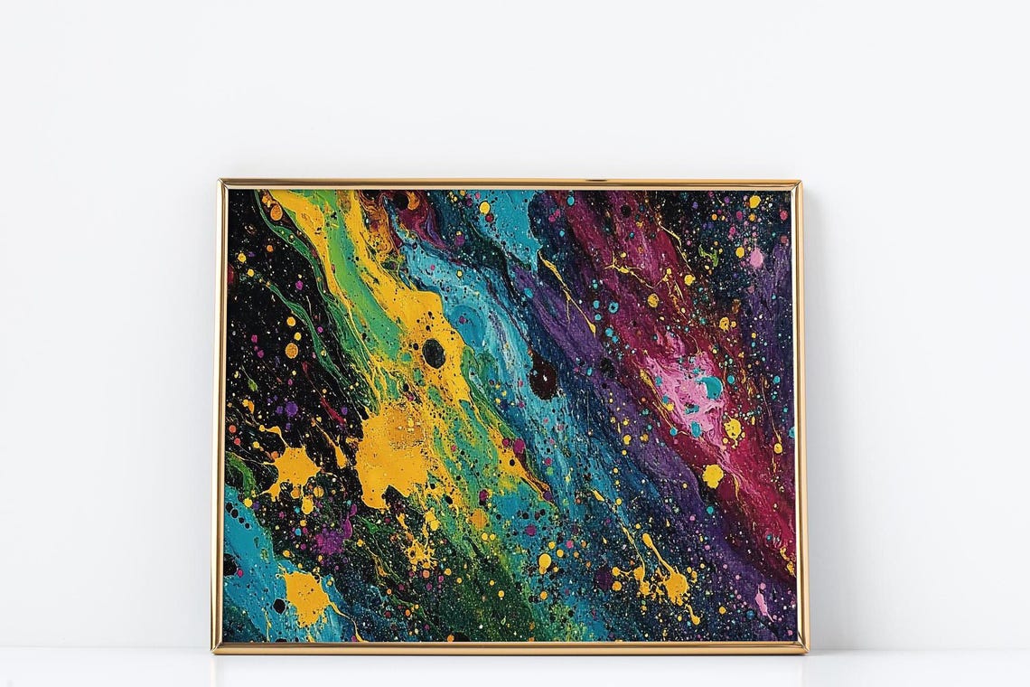 Vibrant Abstract Expressionist Paint Splatter Print Energetic Multi Color Swirl Art Trippy Modern Wall Decor With Gold Accents - Image 3