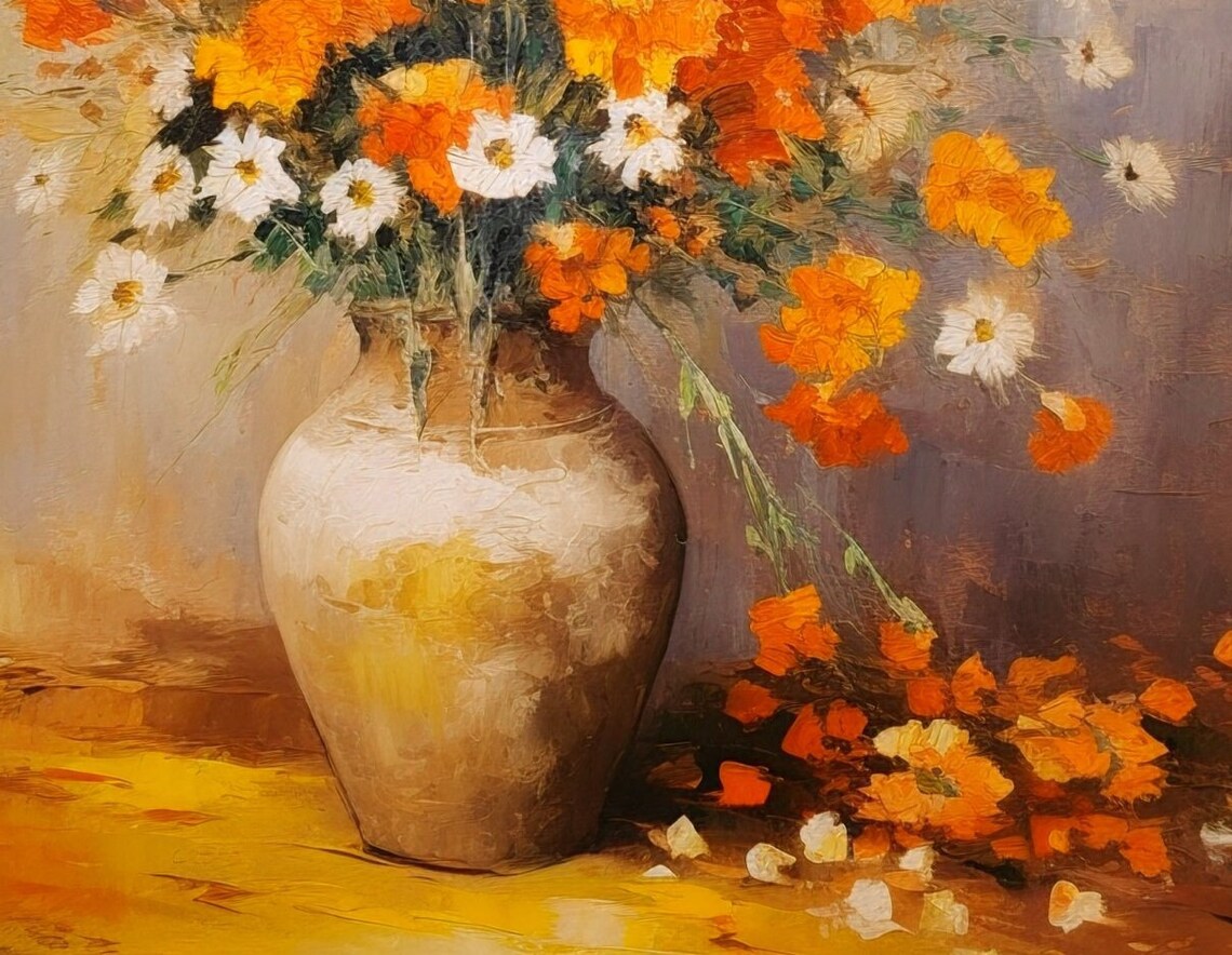 Nostalgic Impressionism Orange Flowers in Old Vase - Image 3