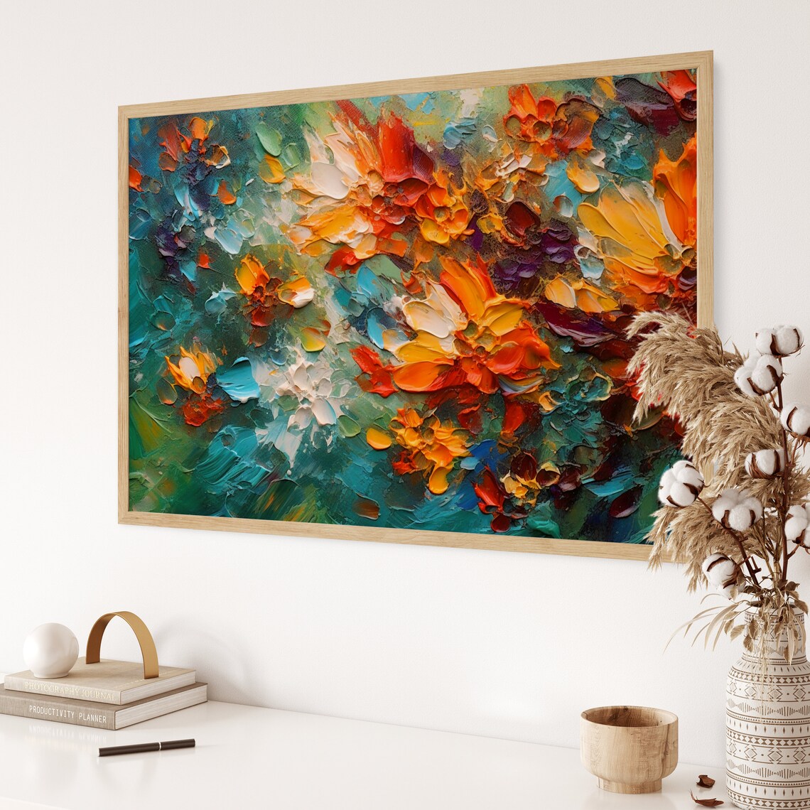 Abstract Painting With Red Green And Blue Flowers, Impasto - Image 3