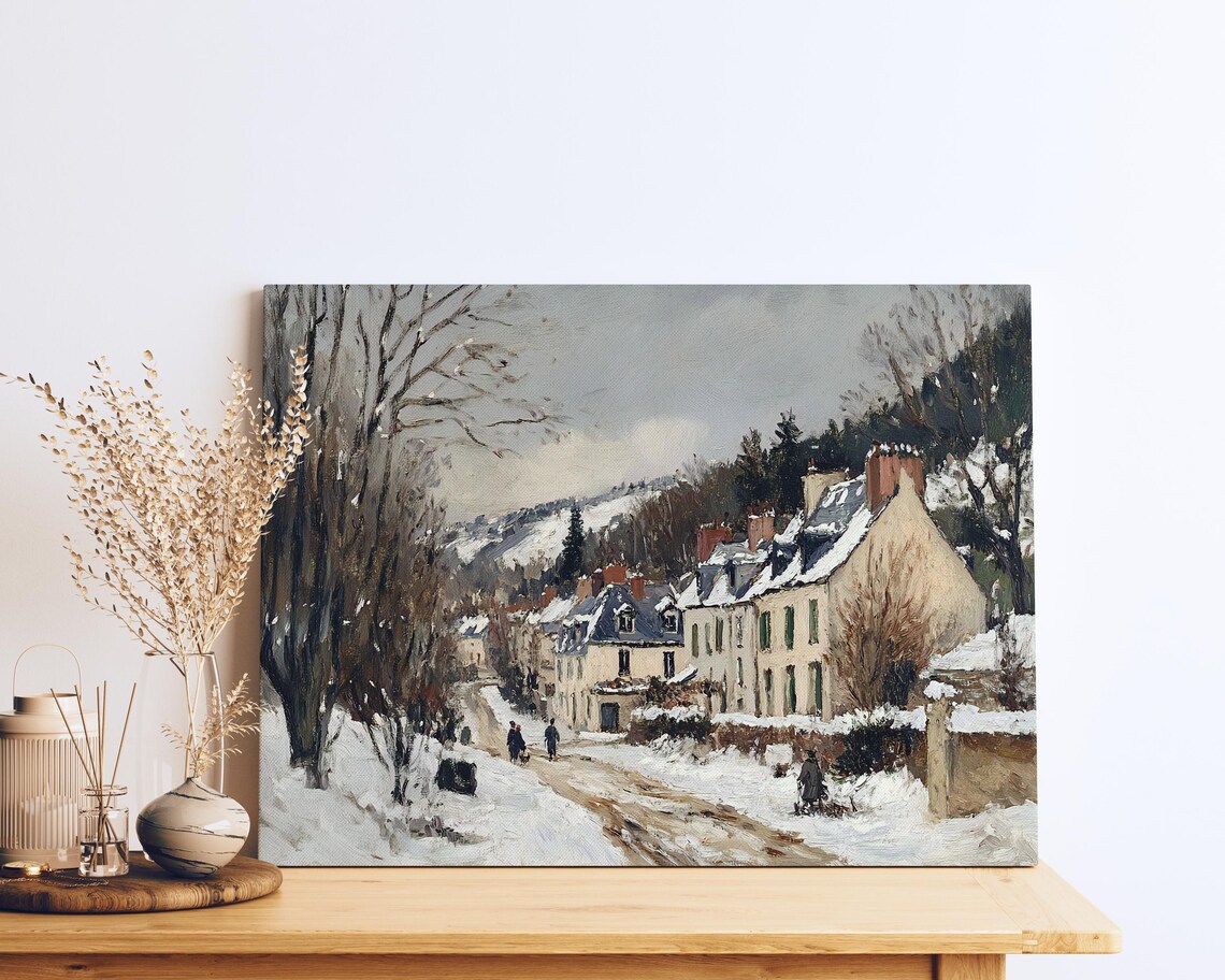 Charming French Village Winter Street Stone Houses Snow Scene Poster - Image 2