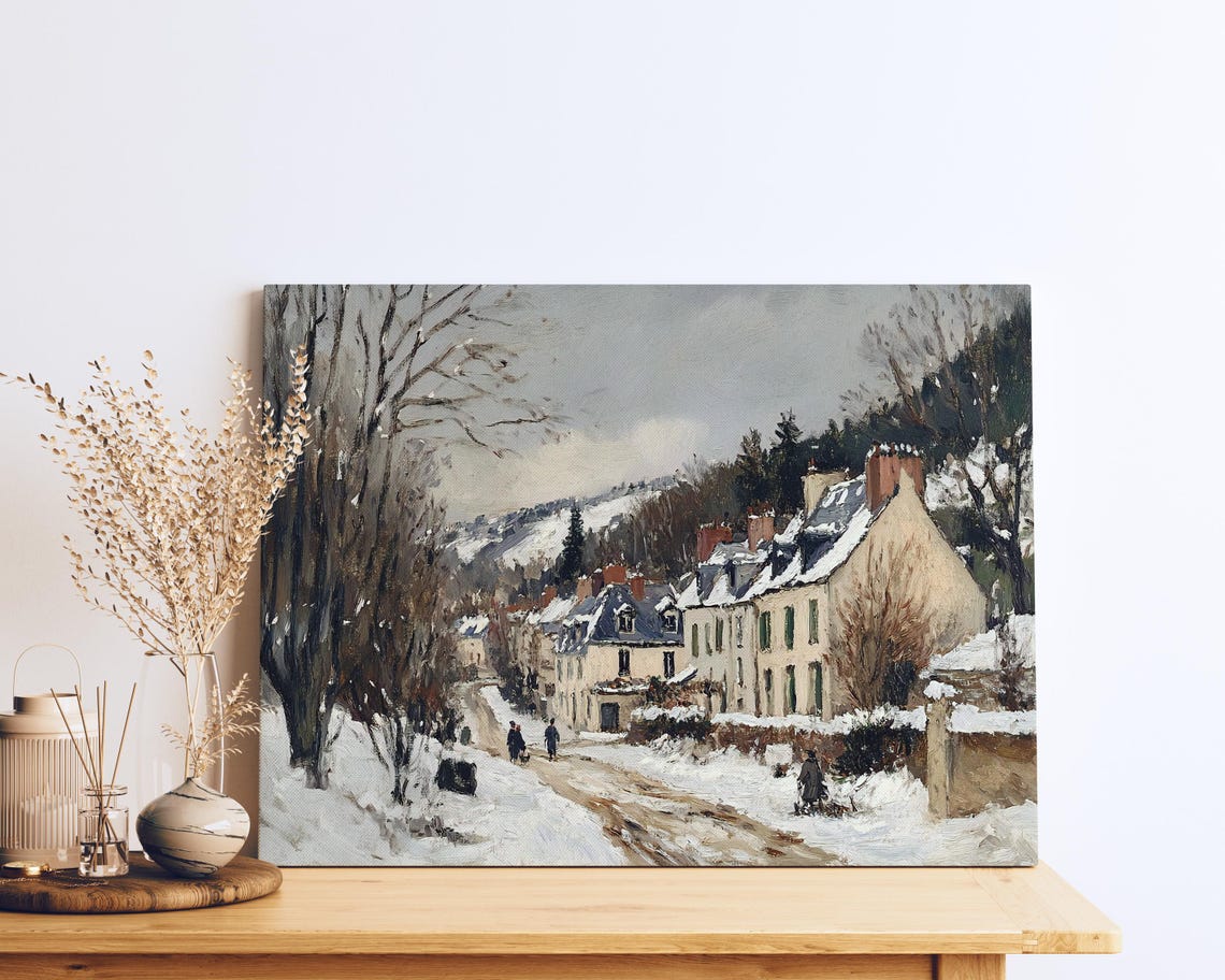 Oil Painting Of French Village Winter Street Scene Charming Snow Covered Cottages Provincial Countryside Wall Art - Image 2