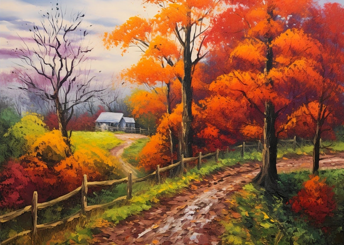 Autumn Country Lane Red Maple Trees Old Barn Fence Scene Poster - Image 3