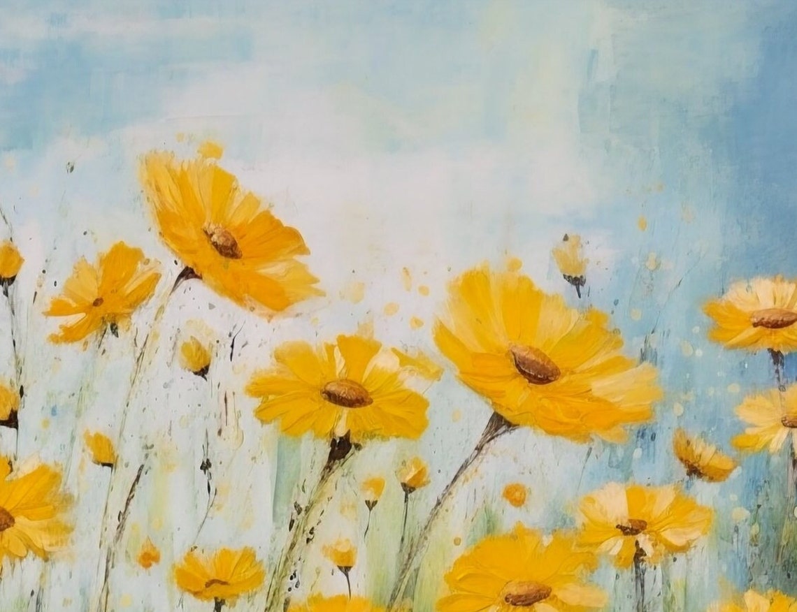 Yellow Daisy Field In Rain Sunlit Blue Sky Floral Painting Poster - Image 3