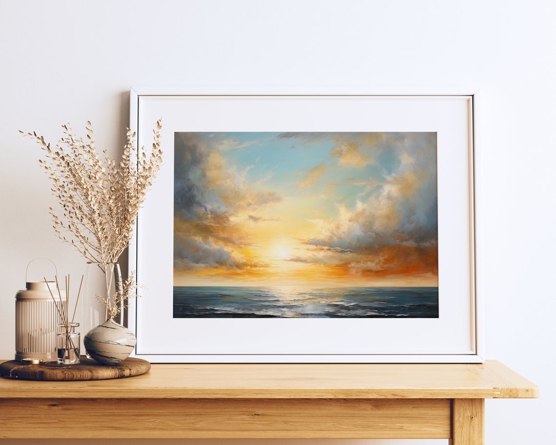 Sunset Over Ocean Painting Blue and Orange Sky Seascape Poster