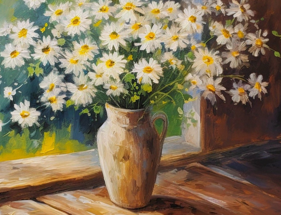Daisy Bouquet Painting Clay Pitcher Rustic Window Scene Poster - Image 3