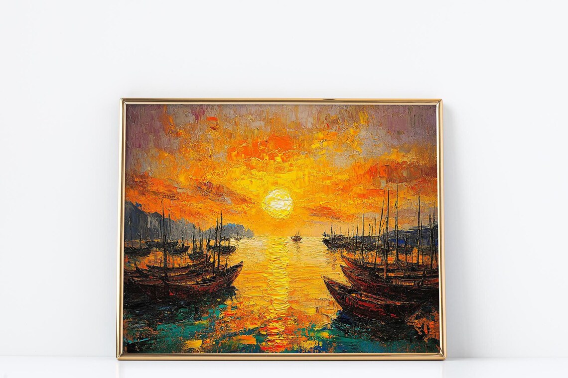 Vibrant Golden Sunset Marina Fishing Boats Ocean Impasto Poster - Image 3