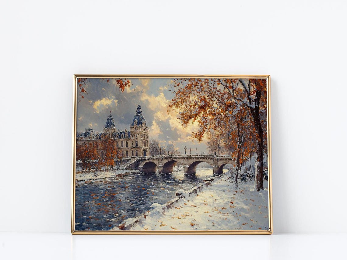 Paris Palace Winter Bridge Snowy Riverbank Impressionist Poster