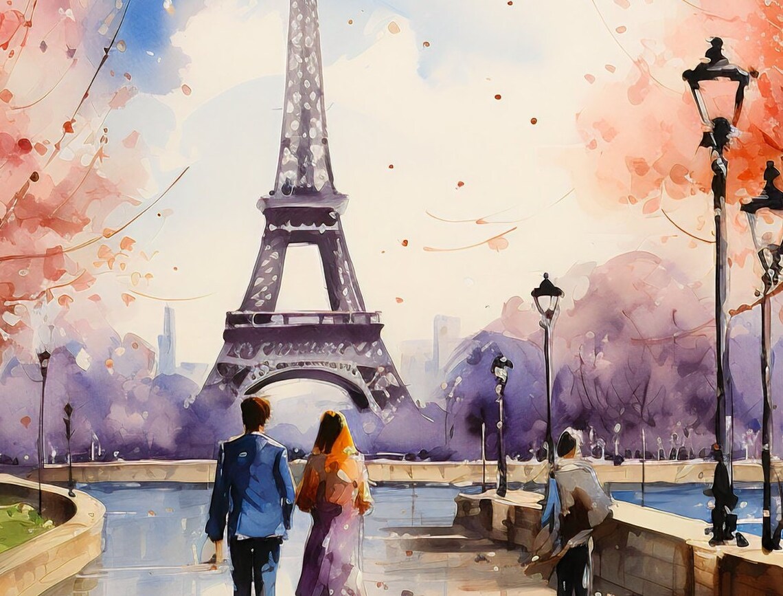 Romantic Paris Watercolor Eiffel Tower Painting - Image 3