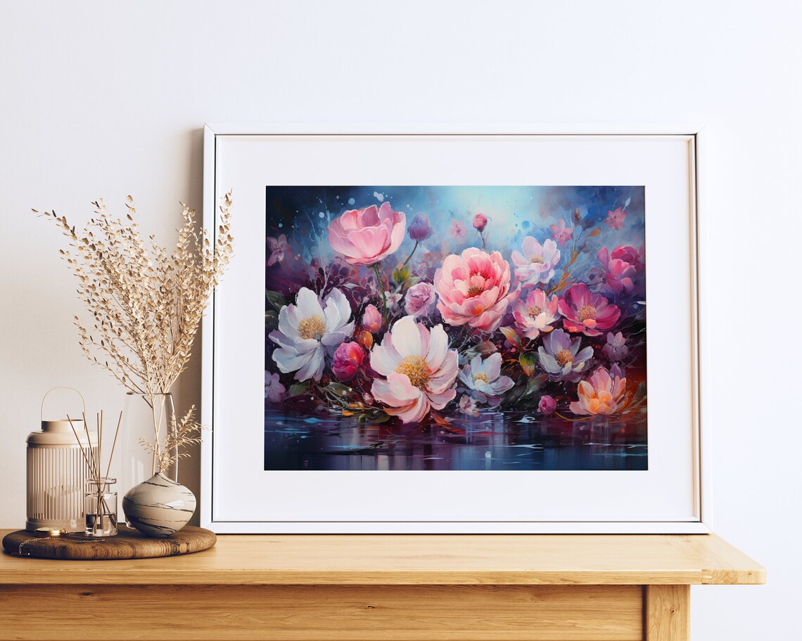Pink and White Peony Flowers Watercolor Bouquet Painting Poster