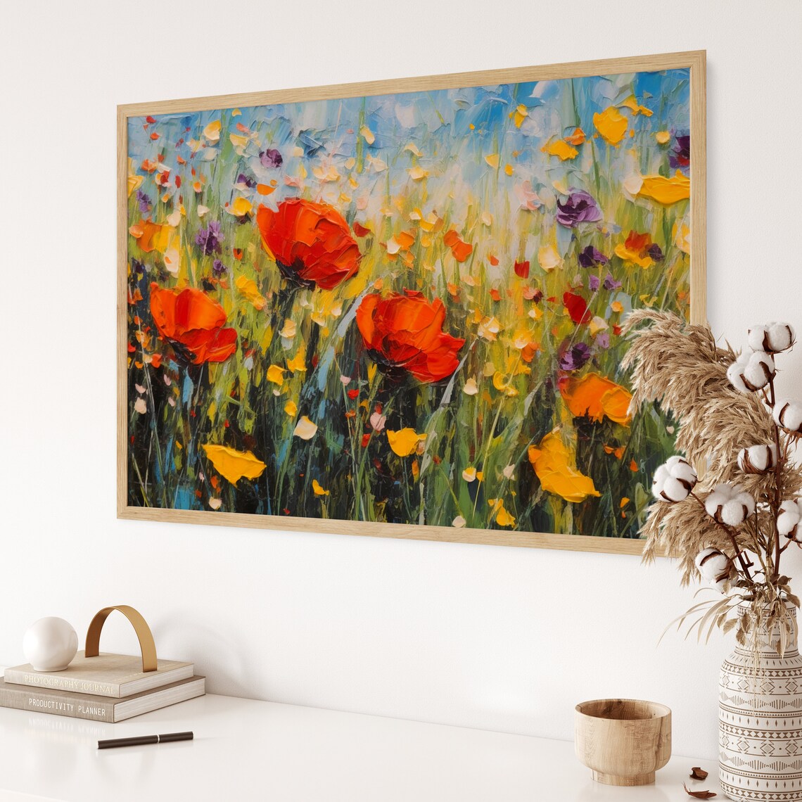 Red Poppies Wildflowers Painting Palette Knife Meadow Poster - Image 3