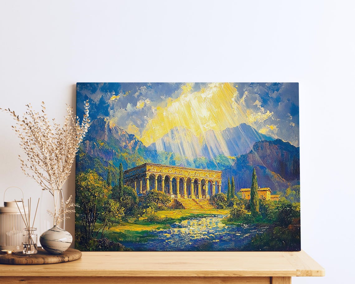 Ancient Greek Temple Sunbeams Riverside Landscape Art Poster