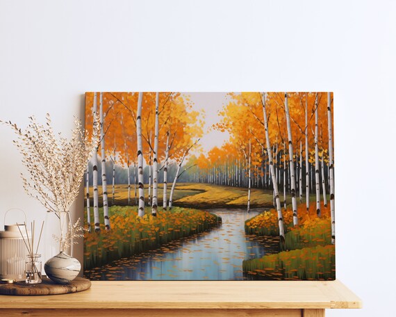Autumn Birch Forest Stream Orange Foliage Scenic Landscape Poster