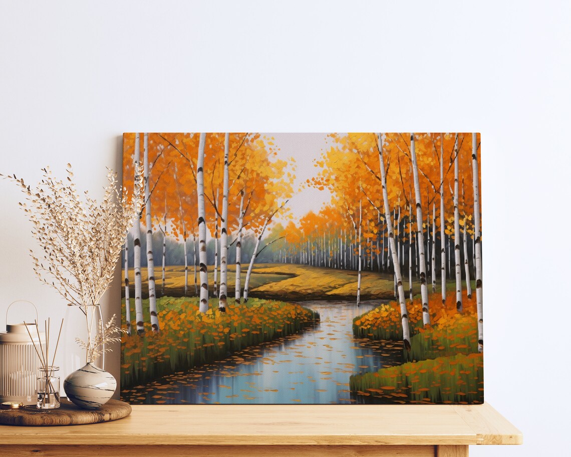 Autumn Birch Forest Stream Orange Foliage Scenic Landscape Poster