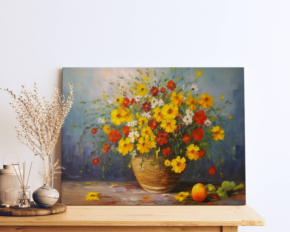 Red Yellow Cosmos Basket Bouquet Rustic Table Floral Art Poster