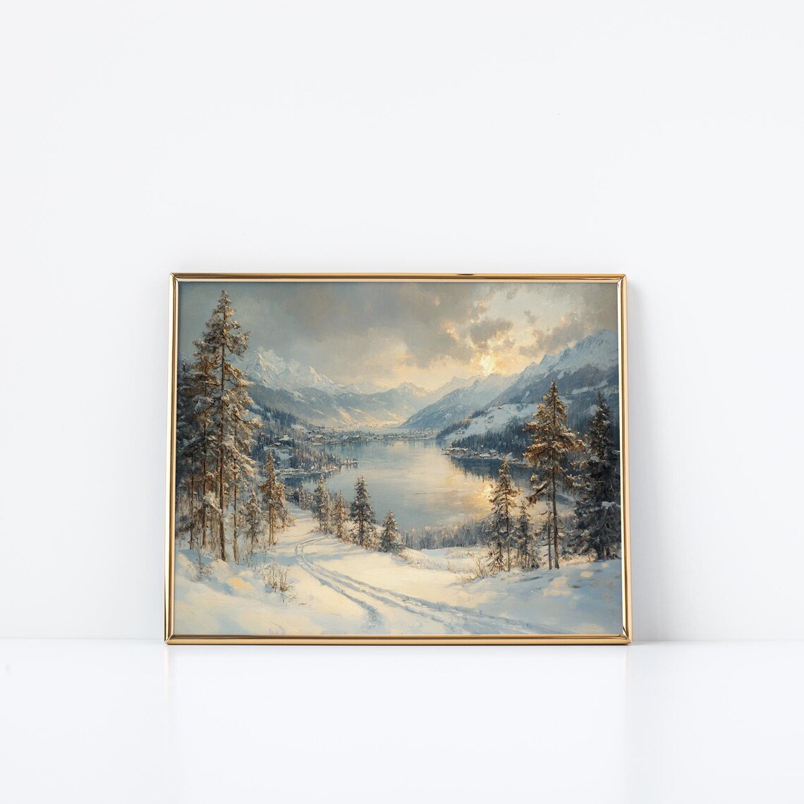 Alpine Lake Winter Sunset Mountain Pines Serene Landscape Poster