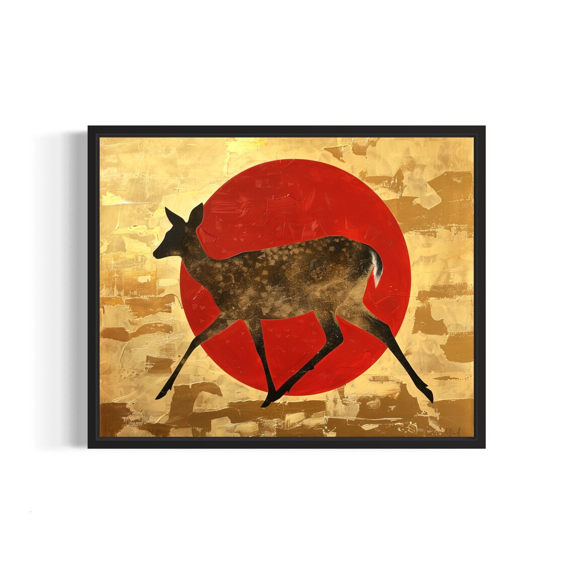 Spotted Deer Running Beneath Red Sun Asian Gold Style Poster