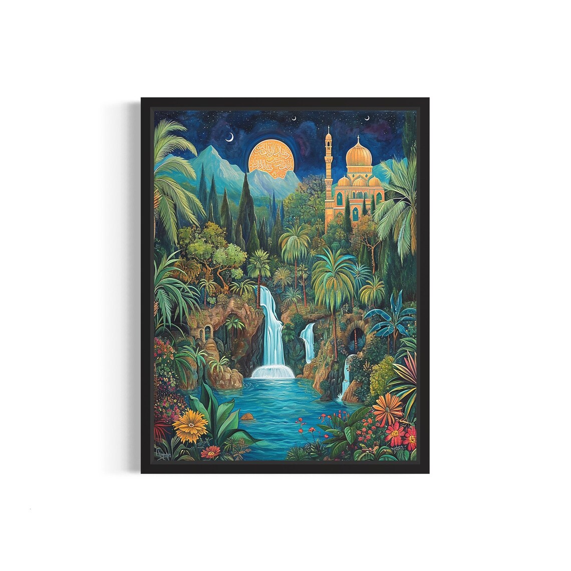 Islamic Garden of Paradise Golden Mosque Waterfall Night Poster