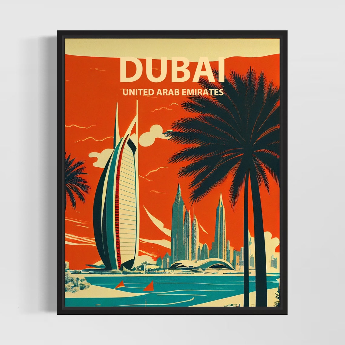 Dubai United Arab Emirates Sail Hotel Palms Retro Skyline Poster