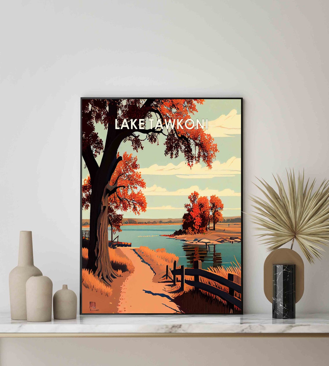 Lake Tawakoni Texas Retro Poster with a Fence and Red Autumn Shoreline - Image 2