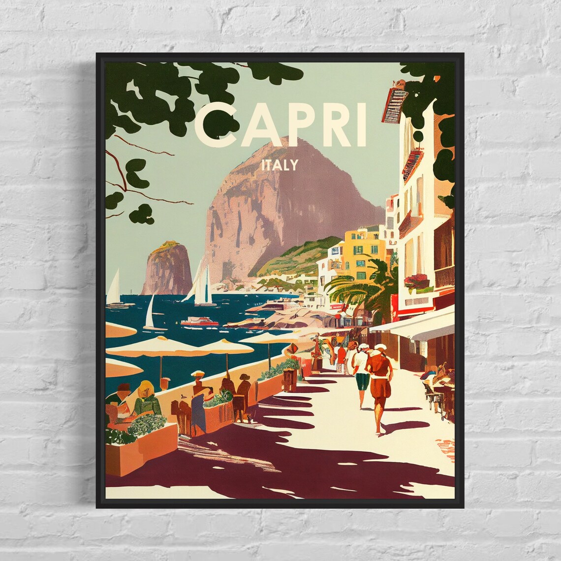 Capri Italy Seaside Promenade Sailboats Retro Summer Day Poster