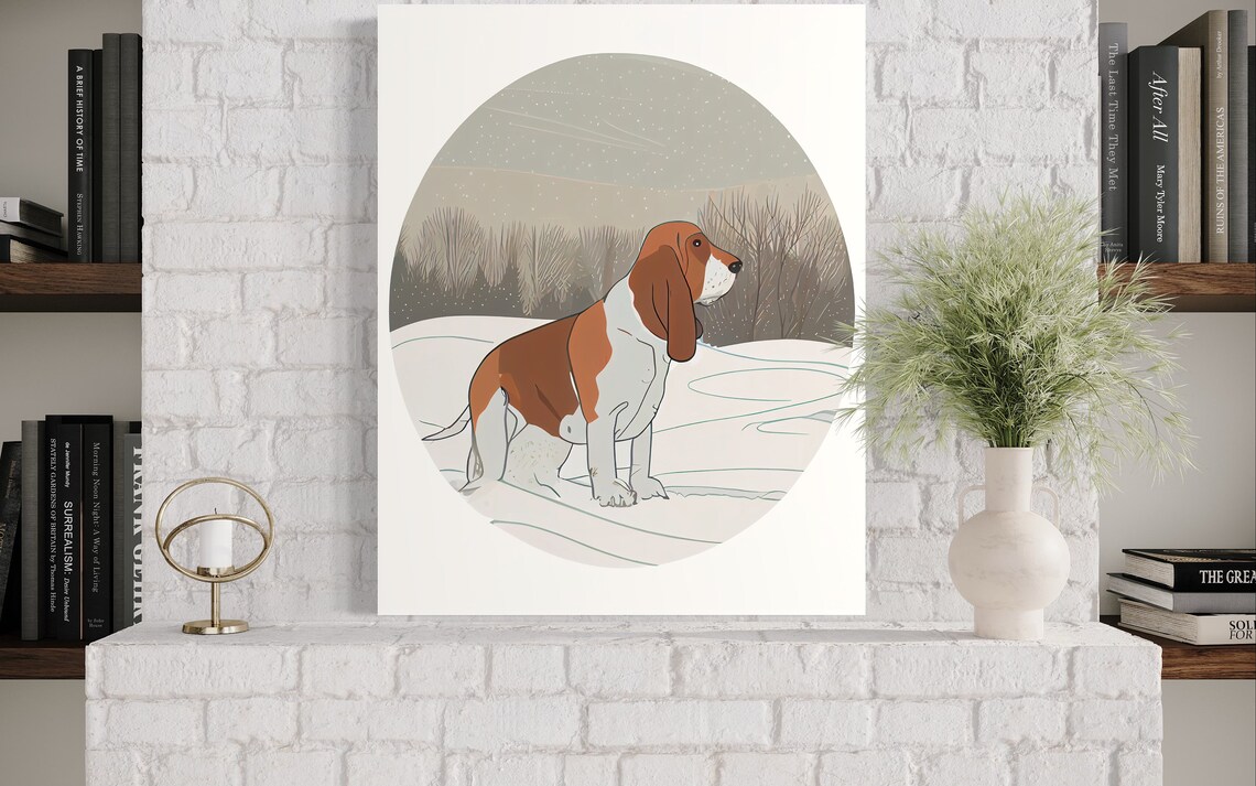 Basset Hound Standing in a Snowy Winter Field Circle Art Poster - Image 3