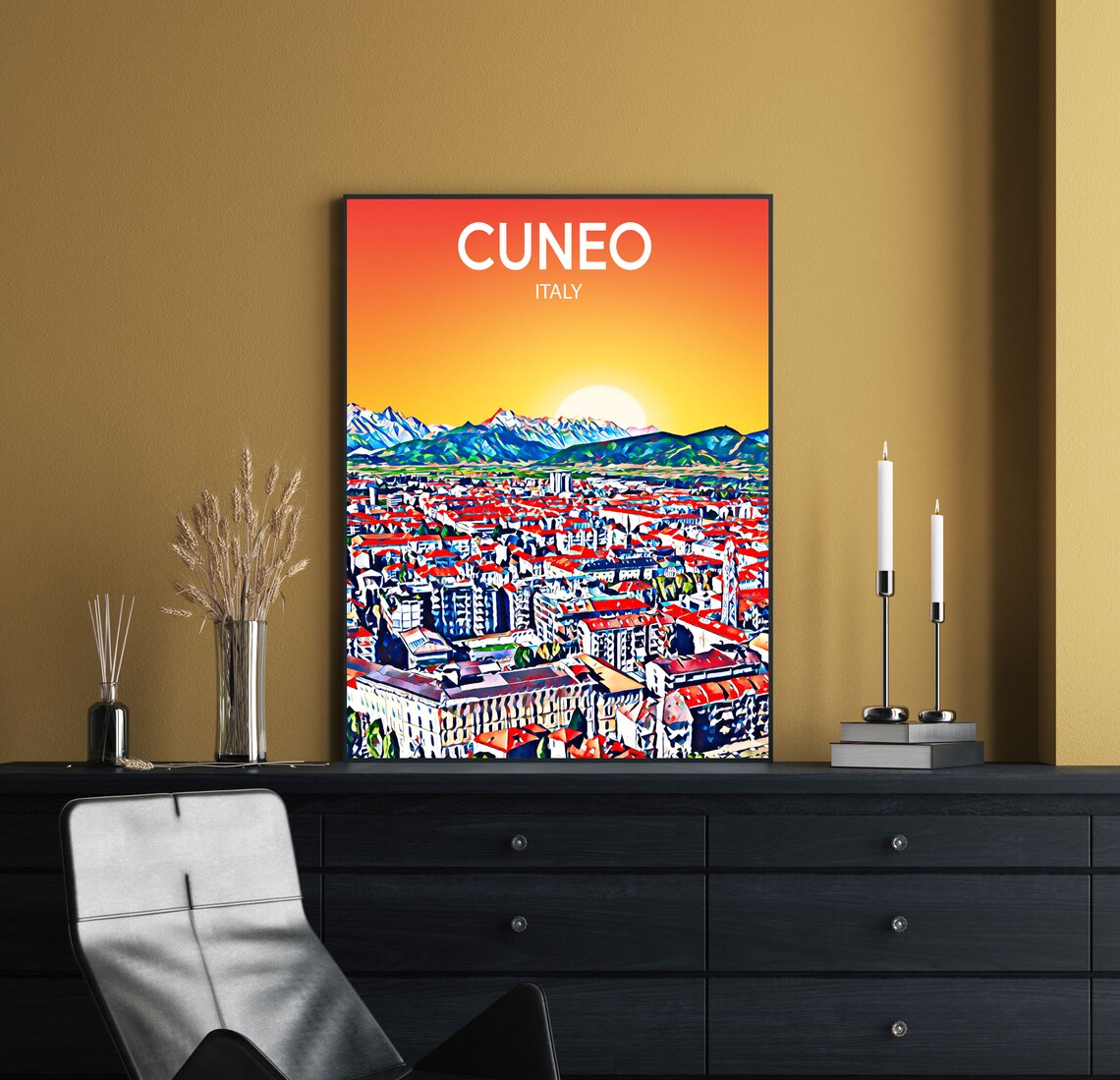 Cuneo Italy Sunset Cityscape Snowy Alps Pop Art Travel Poster - Image 2