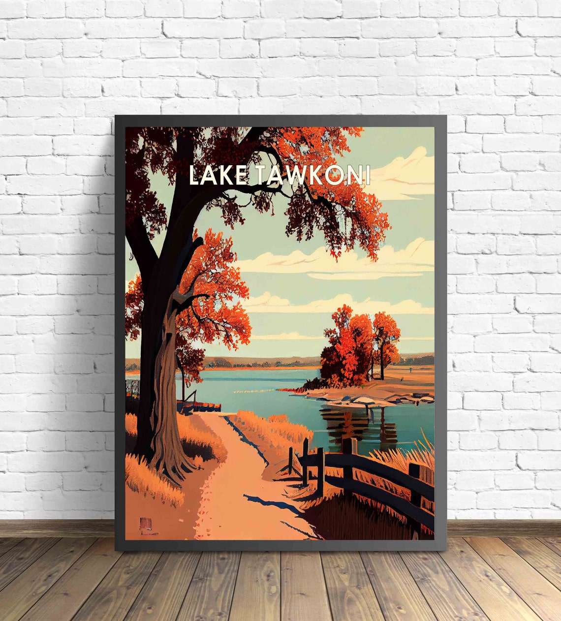 Lake Tawakoni Texas Retro Poster with a Fence and Red Autumn Shoreline